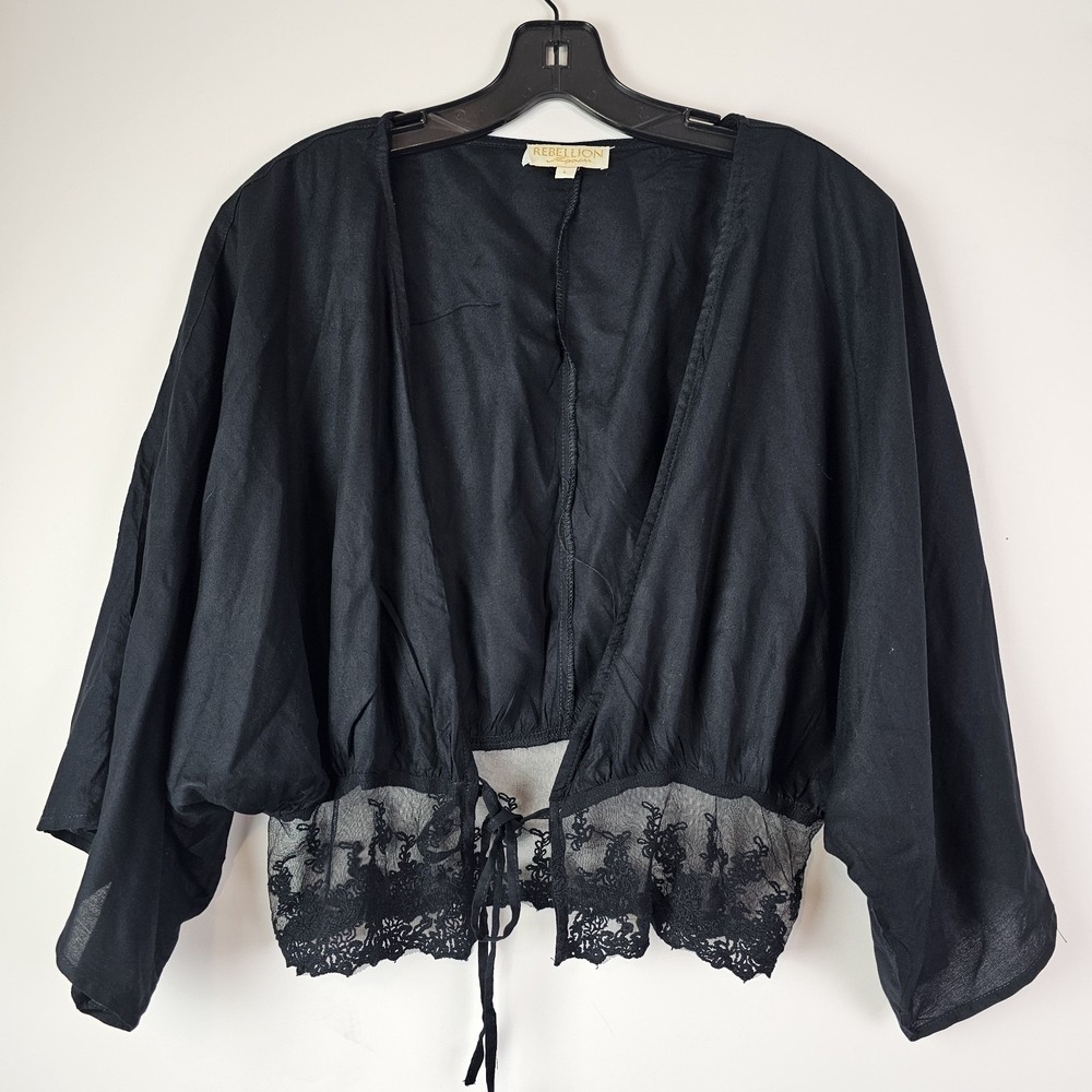 Rebellion Again Black Lace Trim Cropped Kimono Sleeve Blouse Top Peasant Boho L - Picture 2 of 7